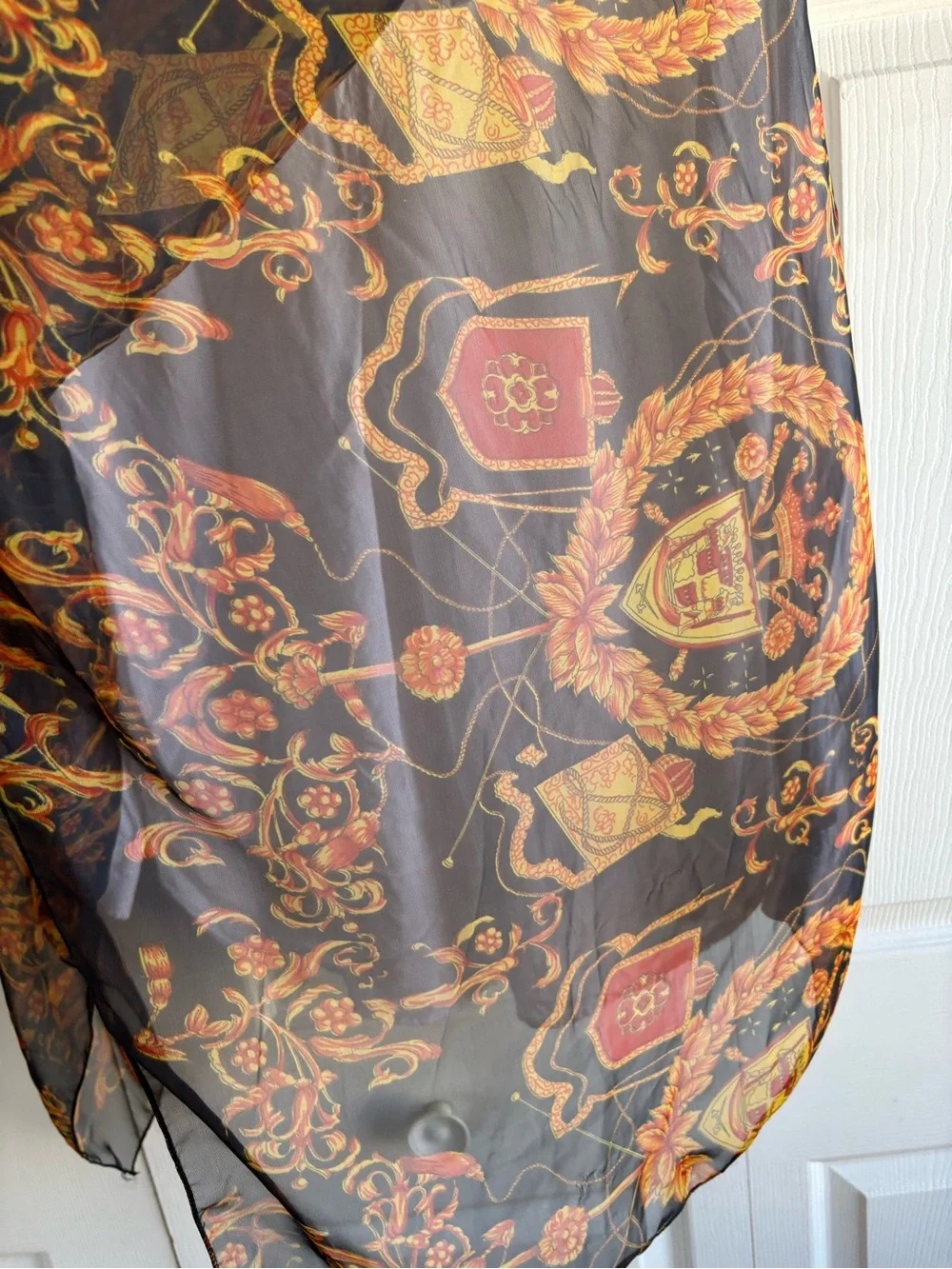 Peacock Silk Trading Black Gold Red Crown Crest Scarf Floral See Through Vintage